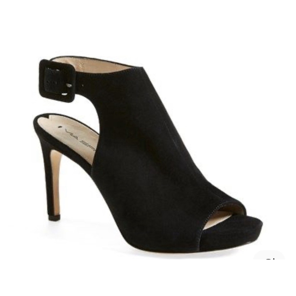 Via Spiga Black Suede Slingback Heels Sz 7 Open Toe High Leather Cocktail Classy